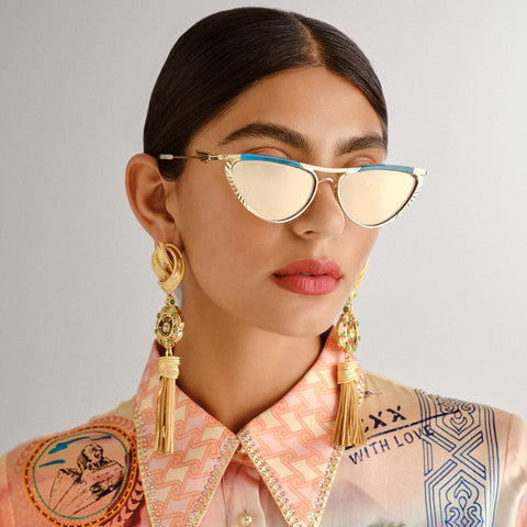 Camilla Pyramid Paramour Gold Turquoise Marble Female Cat-Eye Sunglasses | Eyewear Index