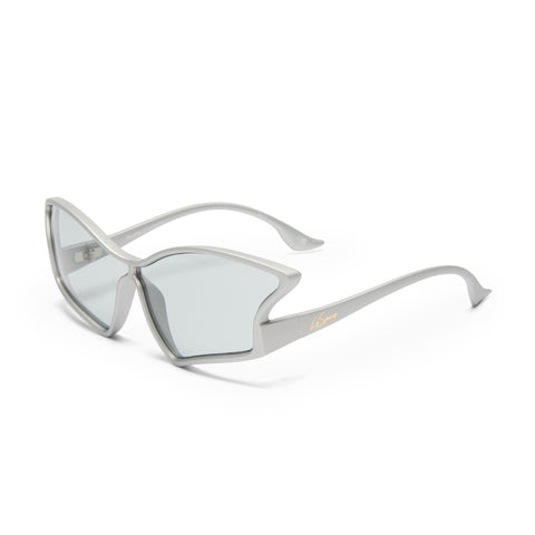 Le Specs Tailfin Matte Silver Female Wrap Sunglasses | Eyewear Index