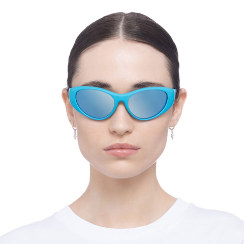 Le Specs Dotcom Matte Cyan Uni-Sex Wrap Sunglasses | Eyewear Index