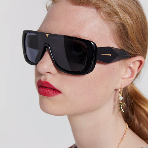 Karen Walker Hexed Black Female Shield Sunglasses | Eyewear Index