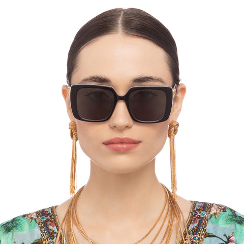 Camilla Happy In The Hamptons Black Duomo Print Female Rectangle Sunglasses | Eyewear Index