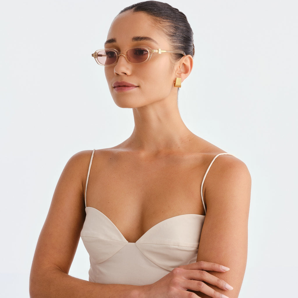 Luv Lou The Mimi Luxe Peach Nude Female Rectangle Sunglasses | Eyewear Index