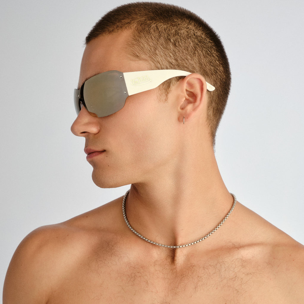 Aire Tabloid Gold White Uni-Sex Wrap Sunglasses | Eyewear Index