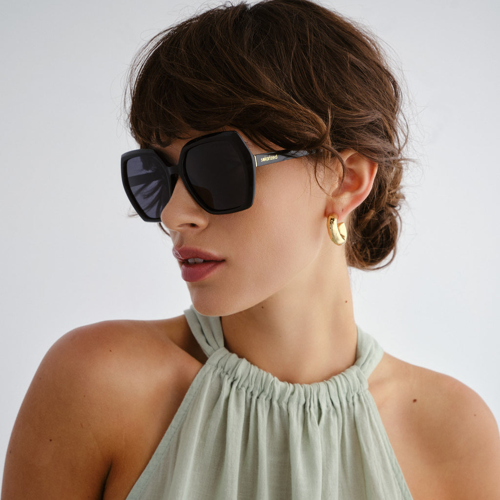 Solarized Hexa Cut Black Female Octagon Sunglasses | Eyewear Index