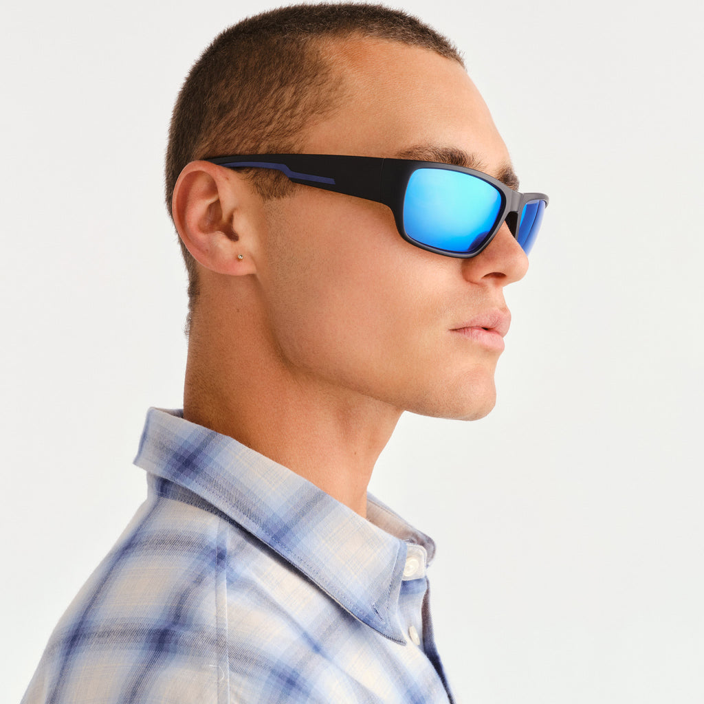 Cancer Council Merimbula Matte Black Dark Blue Male Wrap Sunglasses | Eyewear Index