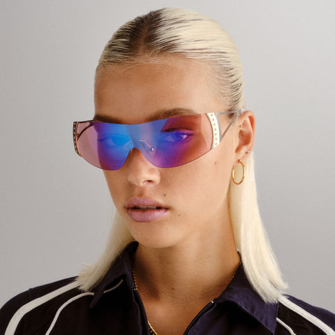 Aire Saturn Satin Gold Crystal Clear Female Wrap Sunglasses | Eyewear Index