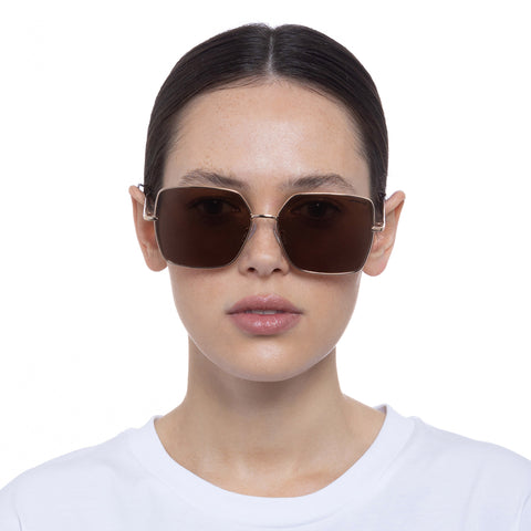 Solarized Glam Square Metal Gold Chocolate Female Square Sunglasses | Eyewear Index