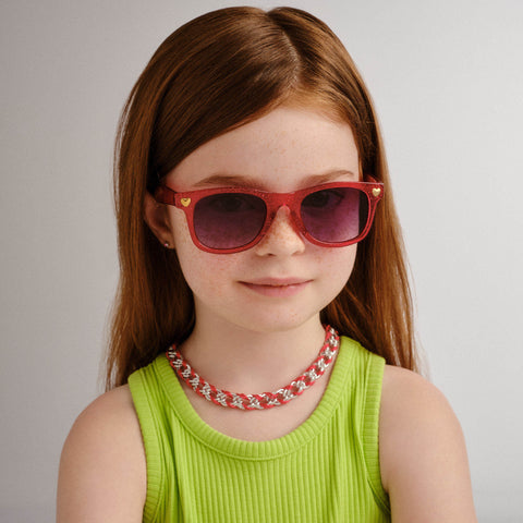 Solarized Kids Heart D-Frame Red Glitter Female D-Frame Sunglasses | Eyewear Index