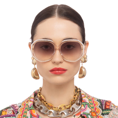 Camilla The Matriach Pink Ivory Marble Female Round Sunglasses | Eyewear Index