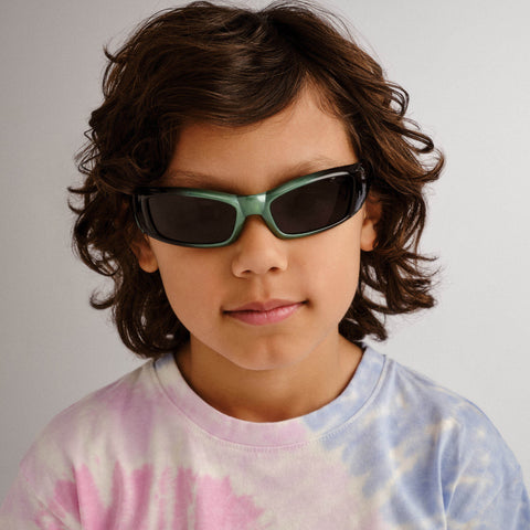 Cancer Council Shark Kids Metallic Green Black Male Wrap Sunglasses | Eyewear Index