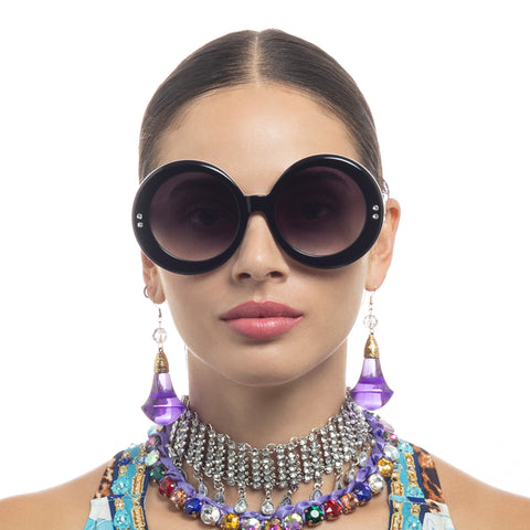 Camilla Editor In Chief Black Look Up Tesoro Print Female Round Sunglasses | Eyewear Index