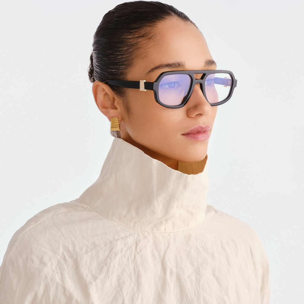 Luv Lou The Banks Luxe Black Female Aviator Blue Light | Eyewear Index